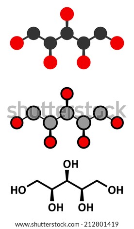 Xylitol artificial sweetener molecule. Used as sugar substitute. Stylized 2D renderings and conventional skeletal formula.