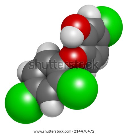 Triclosan antimicrobial molecule. Used in hand soaps, hospital scrubs, deodorants, mouth wash, etc. Atoms are represented as spheres with conventional color coding: hydrogen (white), etc