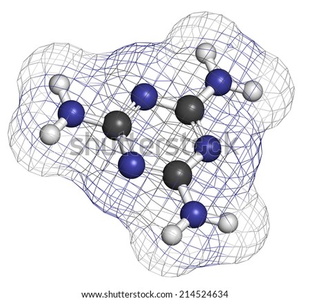 Melamine molecule. Used in protein adulteration, e.g. in milk powder. Atoms are represented as spheres with conventional color coding: hydrogen (white), carbon (grey), nitrogen (blue).
