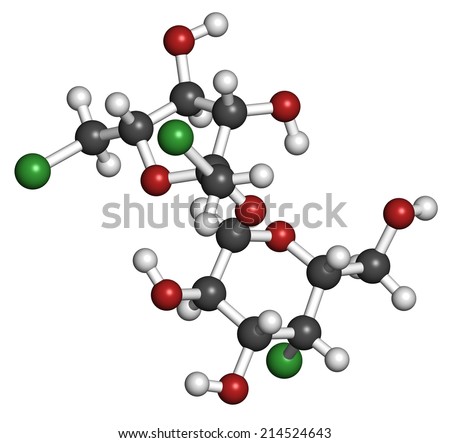 Sucralose artificial sweetener molecule. Used as sugar substitute. Atoms are represented as spheres with conventional color coding: hydrogen (white), carbon (grey), oxygen (red), chlorine (green).