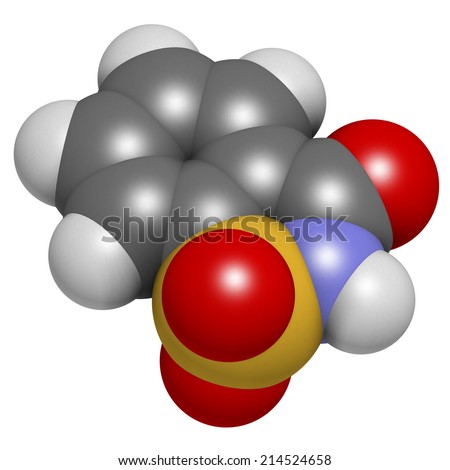 Saccharin artificial sweetener molecule. Atoms are represented as spheres with conventional color coding: hydrogen (white), carbon (grey), nitrogen (blue), oxygen (red), sulfur (yellow).