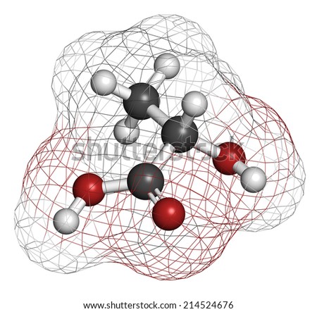 Lactic acid (L-lactic acid) milk sugar molecule. Building block of polylactic acid (PLA) bioplastic. Found in milk. Atoms are represented as spheres with conventional color coding.