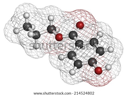 Propyl paraben preservative molecule. Used in food and cosmetics. Atoms are represented as spheres with conventional color coding: hydrogen (white), carbon (grey), oxygen (red).