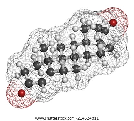 Progesterone female sex hormone molecule. Plays role in menstrual cycle and pregnancy. Atoms are represented as spheres with conventional color coding: hydrogen (white), carbon (grey), oxygen (red).