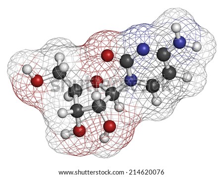 Cytidine RNA building block molecule. Atoms are represented as spheres with conventional color coding: hydrogen (white), carbon (grey), nitrogen (blue), oxygen (red).