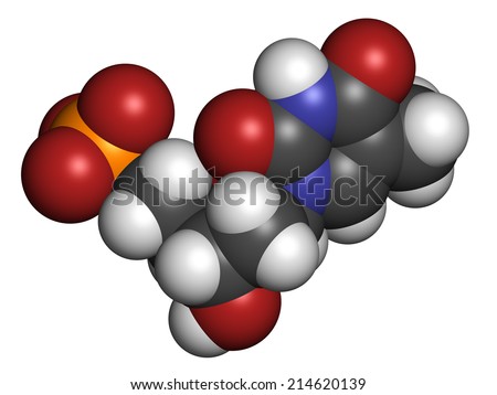Thymidine monophosphate (TMP, thymidylate) nucleotide molecule. DNA building block. Atoms are represented as spheres with conventional color coding: hydrogen (white), carbon (grey), etc