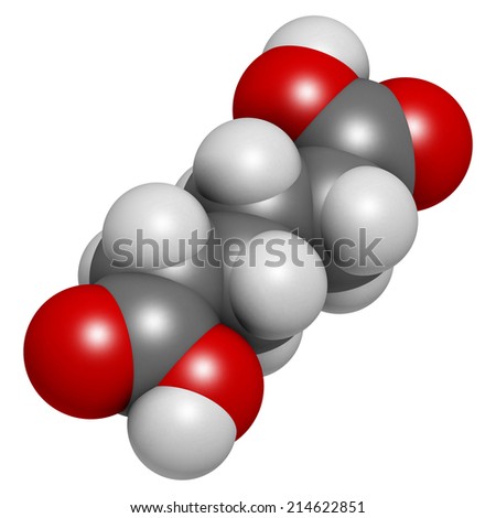 Adipic acid nylon building block molecule. Monomer used in production of nylon polyamide polymer. Atoms are represented as spheres with conventional color coding: hydrogen (white), carbon (grey), etc