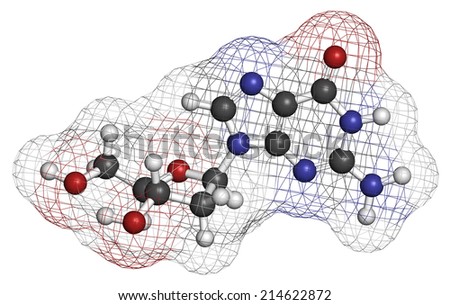 Deoxyguanosine (dG) nucleoside molecule. DNA building block. Atoms are represented as spheres with conventional color coding: hydrogen (white), carbon (grey), nitrogen (blue), oxygen (red).