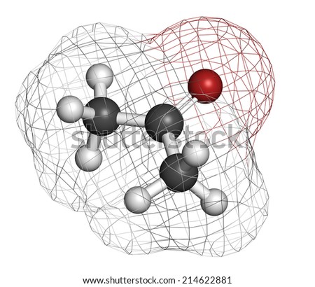 Acetone solvent molecule. Organic solvent used in nail polish remover. Atoms are represented as spheres with conventional color coding: hydrogen (white), carbon (grey), oxygen (red).