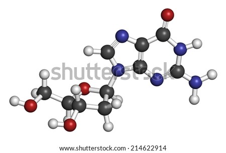 Deoxyguanosine (dG) nucleoside molecule. DNA building block. Atoms are represented as spheres with conventional color coding: hydrogen (white), carbon (grey), nitrogen (blue), oxygen (red).