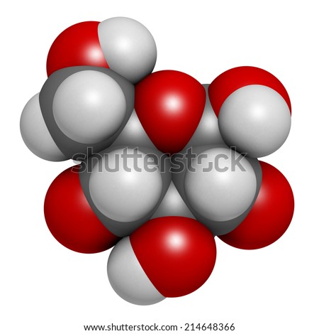 Glucose (D-glucose, dextrose) grape sugar molecule. Atoms are represented as spheres with conventional color coding: hydrogen (white), carbon (grey), oxygen (red)