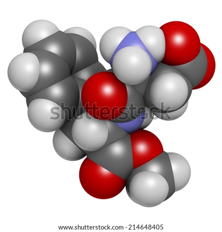 Aspartame artificial sweetener molecule. Used as sugar substitute. Atoms are represented as spheres with conventional color coding: hydrogen (white), carbon (grey), oxygen (red), nitrogen (blue).
