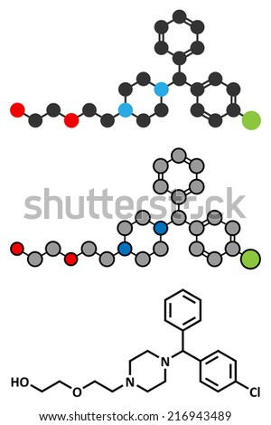 Hydroxyzine antihistamine drug. Used include treatment of itching, anxiety and motion sickness. Conventional skeletal formula and stylized representation.