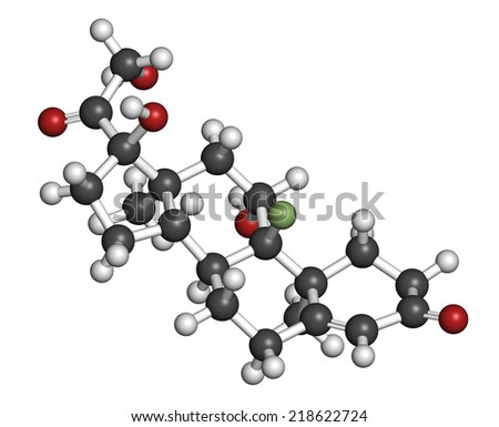 Fludrocortisone aldosterone hormone substitution drug molecule. Atoms are represented as spheres with conventional color coding: hydrogen (white), carbon (grey), oxygen (red), fluorine (light green).