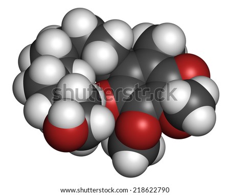 Idebenone drug molecule. Atoms are represented as spheres with conventional color coding: hydrogen (white), carbon (grey), oxygen (red).