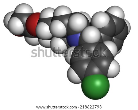 Hydroxyzine antihistamine drug. Used include treatment of itching, anxiety and motion sickness. Atoms are represented as spheres with conventional color coding: hydrogen (white), carbon (grey), etc
