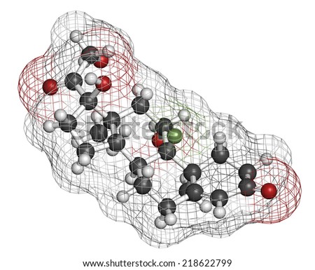 Fludrocortisone aldosterone hormone substitution drug molecule. Atoms are represented as spheres with conventional color coding: hydrogen (white), carbon (grey), oxygen (red), fluorine (light green).