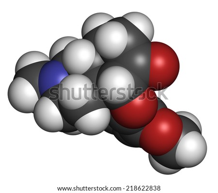 Hydrocodone narcotic analgesic drug molecule. Also used as cough medicine. Atoms are represented as spheres with conventional color coding: hydrogen (white), carbon (grey), oxygen (red), etc