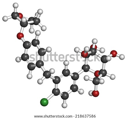 Empagliflozin diabetes drug molecule. Atoms are represented as spheres with conventional color coding: hydrogen (white), carbon (grey), oxygen (red), chlorine (green).