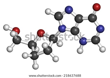 Didanosine (2Ã?Â¢?Ã?Â²,3Ã?Â¢?Ã?Â²-dideoxyinosine, ddI) HIV drug molecule. Atoms are represented as spheres with conventional color coding: hydrogen (white), carbon (grey), oxygen (red), nitrogen (blue).