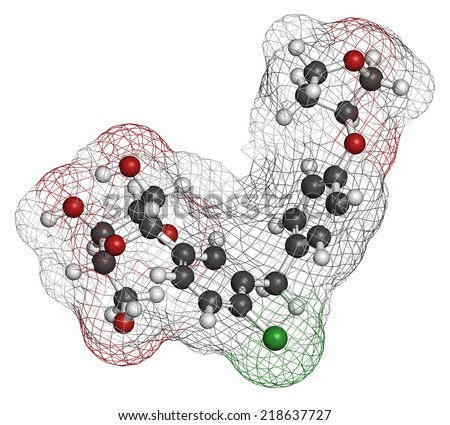 Empagliflozin diabetes drug molecule. Atoms are represented as spheres with conventional color coding: hydrogen (white), carbon (grey), oxygen (red), chlorine (green).