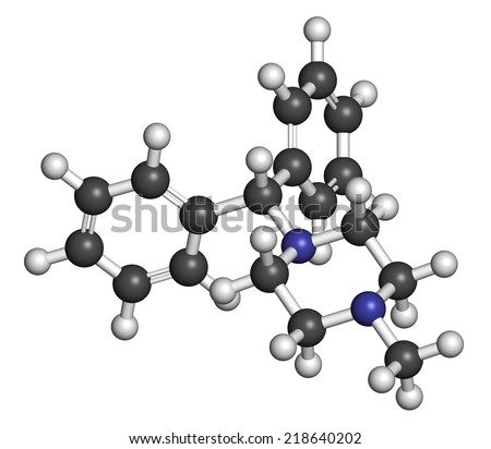 Cyclizine antiemetic drug molecule. Antihistamine used to treat nausea and vomiting. Atoms are represented as spheres with conventional color coding: hydrogen (white), carbon (grey), nitrogen (blue).