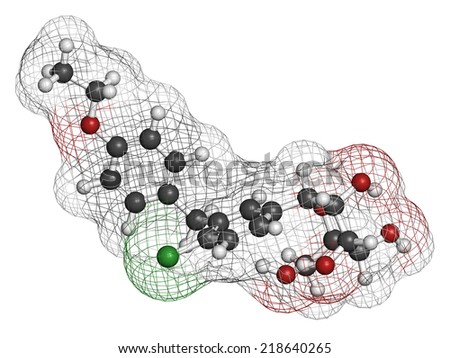 Dapagliflozin diabetes drug molecule. Inhibitor of sodium-glucose transport proteins subtype 2 (SGLT2). Atoms are represented as spheres with conventional color coding: hydrogen (white), etc