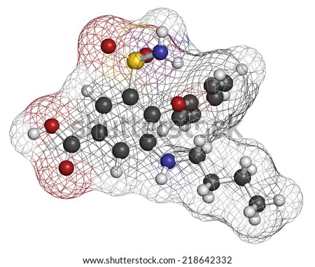 Bumetanide heart failure drug molecule. Loop diuretic, also used for weight loss and as masking agent by users of doping agents. Atoms are represented as spheres with conventional color coding.
