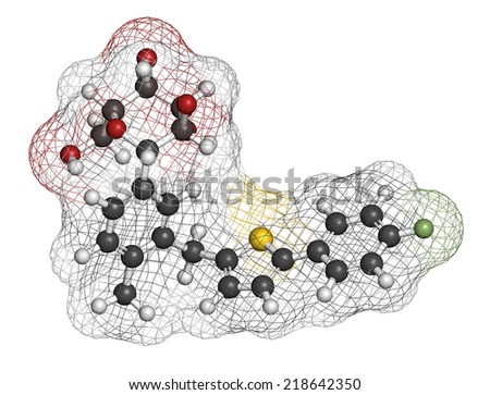Canagliflozin diabetes drug molecule. SGLT2 inhibitor used in treatment of type II diabetes. Atoms are represented as spheres with conventional color coding: hydrogen (white), carbon (grey), etc