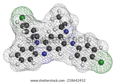 Clofazimine leprosy drug molecule. Atoms are represented as spheres with conventional color coding: hydrogen (white), carbon (grey), nitrogen (blue), chlorine (green).
