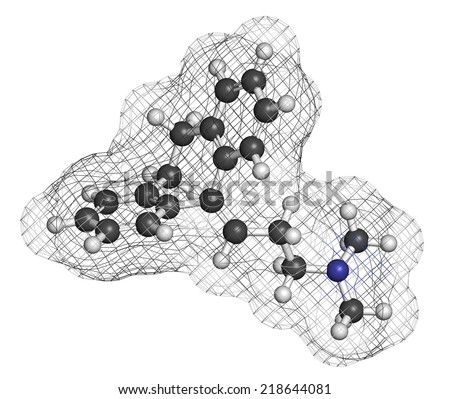 Amitryptiline tricyclic antidepressant drug molecule. Used in treatment of clinical depression. Atoms are represented as spheres with conventional color coding: hydrogen (white), carbon (grey), etc