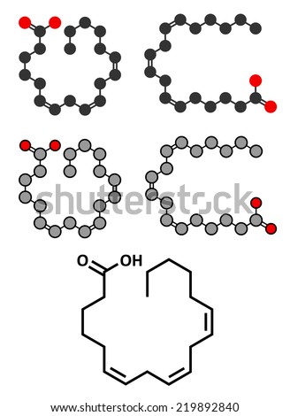 Gamma-linolenic acid (GLA, gamolenic acid) molecule. Omega-6 polyunsaturated fatty acid. Conventional skeletal formula and stylized representations.