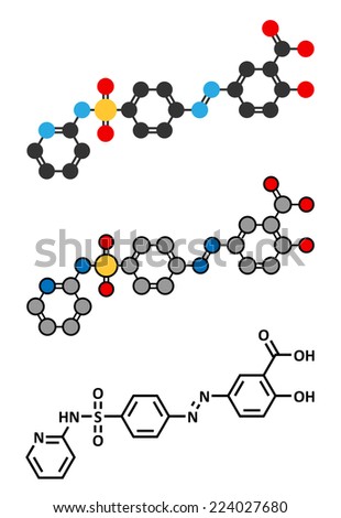 Sulfasalazine drug molecule. Used in treatment of rheumatoid arthritis and inflammatory bowel disease (Crohn\'s disease and ulcerative colitis). Stylized 2D rendering and conventional skeletal formula.