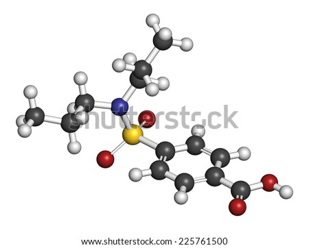 Probenecid gout drug molecule. Also used as masking agent in sports doping. Atoms are represented as spheres with conventional color coding: hydrogen (white), carbon (grey), oxygen (red), etc