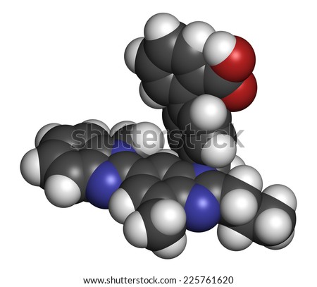 Telmisartan hypertension drug molecule. Used to treat high blood pressure. Atoms are represented as spheres with conventional color coding: hydrogen (white), carbon (grey), oxygen (red), etc