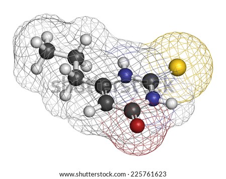 Propylthiouracil (PTU) hyperthyroidism drug molecule. Atoms are represented as spheres with conventional color coding: hydrogen (white), carbon (grey), oxygen (red), nitrogen (blue), sulfur (yellow).
