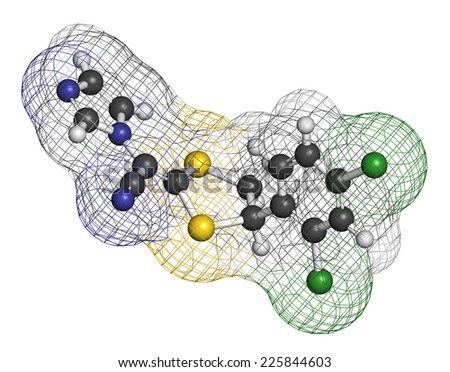 Luliconazole antifungal drug molecule. Atoms are represented as spheres with conventional color coding: hydrogen (white), carbon (grey), sulfur (yellow), nitrogen (blue), chlorine (green).