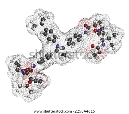 Ombitasvir hepatitis C virus (HCV) drug molecule. Inhibitor of nonstructural protein 5A (NS5A). Atoms are represented as spheres with conventional color coding: hydrogen (white), carbon (grey), etc