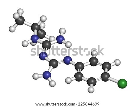 Proguanil prophylactic malaria drug molecule. Atoms are represented as spheres with conventional color coding: hydrogen (white), carbon (grey), chlorine (green), nitrogen (blue).