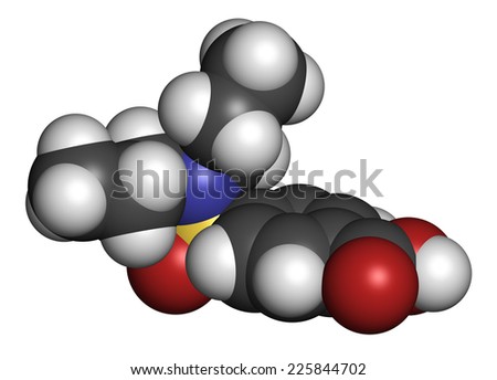 Probenecid gout drug molecule. Also used as masking agent in sports doping. Atoms are represented as spheres with conventional color coding.