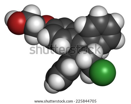 Ospemifene dyspareunia drug molecule. Used to treat pain during sexual intercourse (dyspareunia). Atoms are represented as spheres with conventional color coding: hydrogen (white), etc