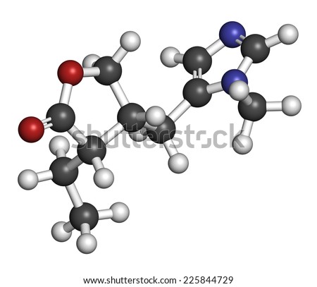 Pilocarpine alkaloid drug molecule. Used in treatment of glaucoma and dry mouth (xerostomia). Atoms are represented as spheres with conventional color coding: hydrogen (white), carbon (grey), etc