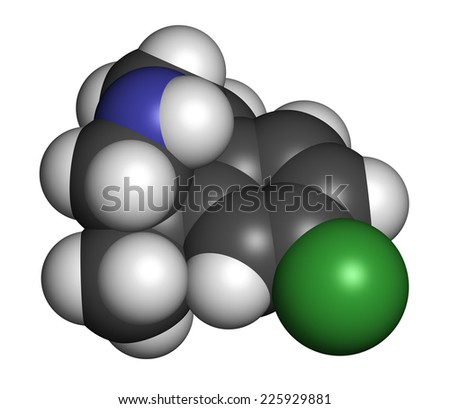 Lorcaserin obesity drug molecule. Atoms are represented as spheres with conventional color coding: hydrogen (white), carbon (grey), nitrogen (blue), chlorine (green).