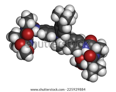 Ombitasvir hepatitis C virus (HCV) drug molecule. Inhibitor of nonstructural protein 5A (NS5A). Atoms are represented as spheres with conventional color coding: hydrogen (white), etc