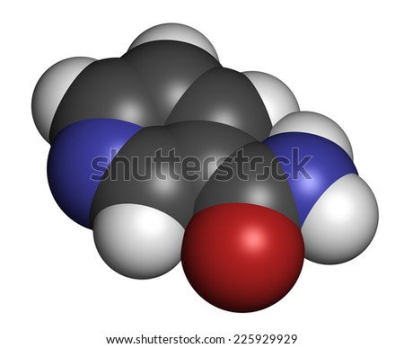 Nicotinamide drug and vitamin molecule. Atoms are represented as spheres with conventional color coding: hydrogen (white), carbon (grey), oxygen (red), nitrogen (blue).