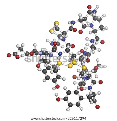 Linaclotide irritable bowel syndrome drug molecule. Atoms are represented as spheres with conventional color coding: hydrogen (white), carbon (grey), oxygen (red), nitrogen (blue), sulfur (yellow).