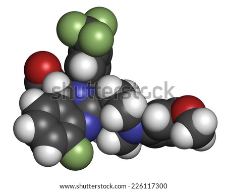 letermovir cytomegalovirus (CMV) drug molecule. Atoms are represented as spheres with conventional color coding: hydrogen (white), carbon (grey), oxygen (red), nitrogen (blue), fluorine (light green).