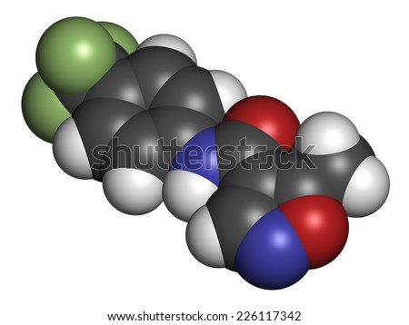 Leflunomide rheumatoid arthritis drug molecule. Atoms are represented as spheres with conventional color coding: hydrogen (white), carbon (grey), oxygen (red), nitrogen (blue), fluorine (light green).