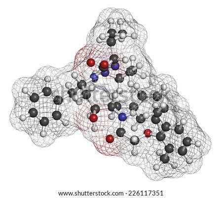 Lopinavir HIV drug molecule. Protease inhibitor class antiretroviral. Atoms are represented as spheres with conventional color coding: hydrogen (white), carbon (grey), oxygen (red), nitrogen (blue).