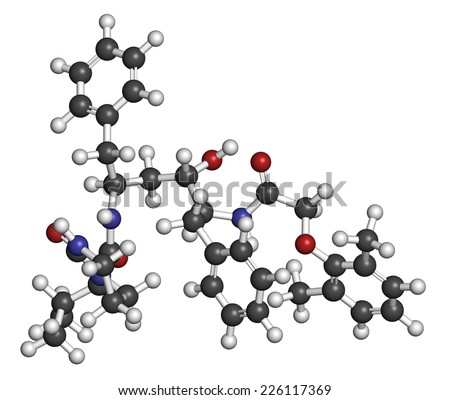 Lopinavir HIV drug molecule. Protease inhibitor class antiretroviral. Atoms are represented as spheres with conventional color coding: hydrogen (white), carbon (grey), oxygen (red), nitrogen (blue).